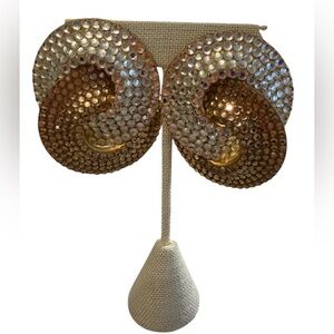 #664 Vintage Gold Rhinestone Swirl Clip-On Earrings Oversized
